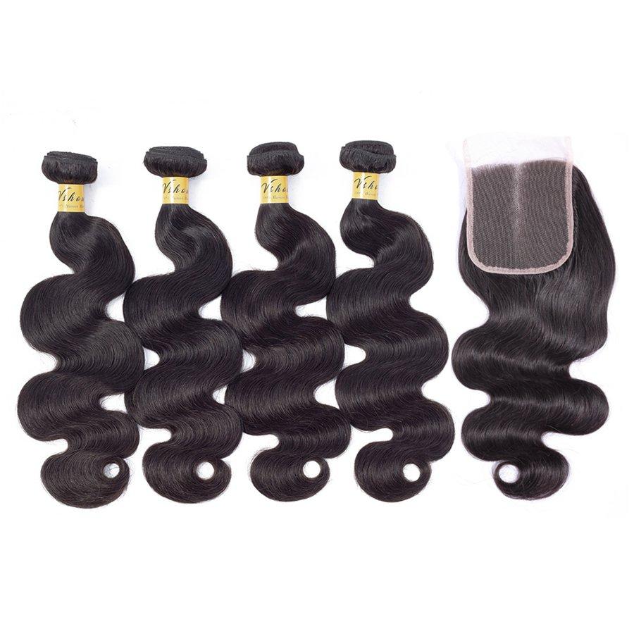 VSHOW HAIR Premium 9A Peruvian Human Virgin Hair Body Wave 4 Bundles with Pre Plucked Closure Deal Natural Black - Image 5