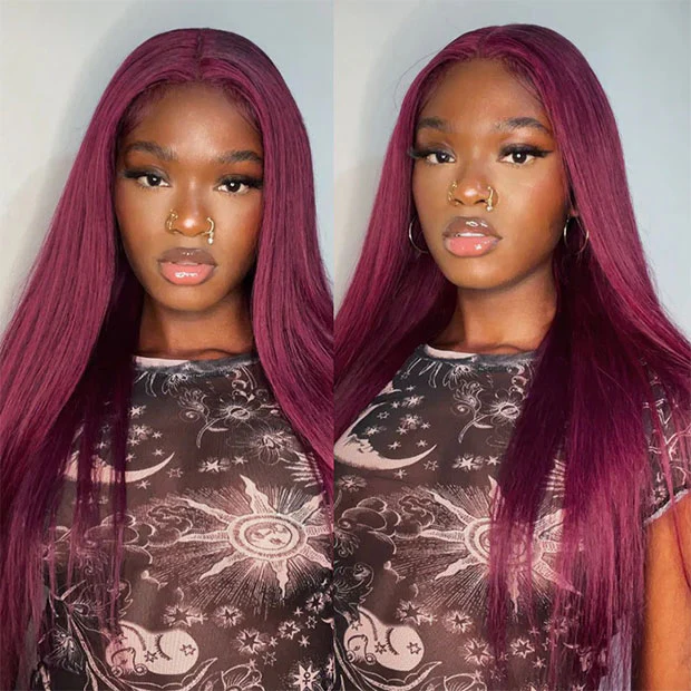 BOGO 99J Colored Hair Wigs Burgundy Straight Human Hair Wear Go Glueless Wigs Pre-cut Lace Wigs Preplucked Hairline - Image 5
