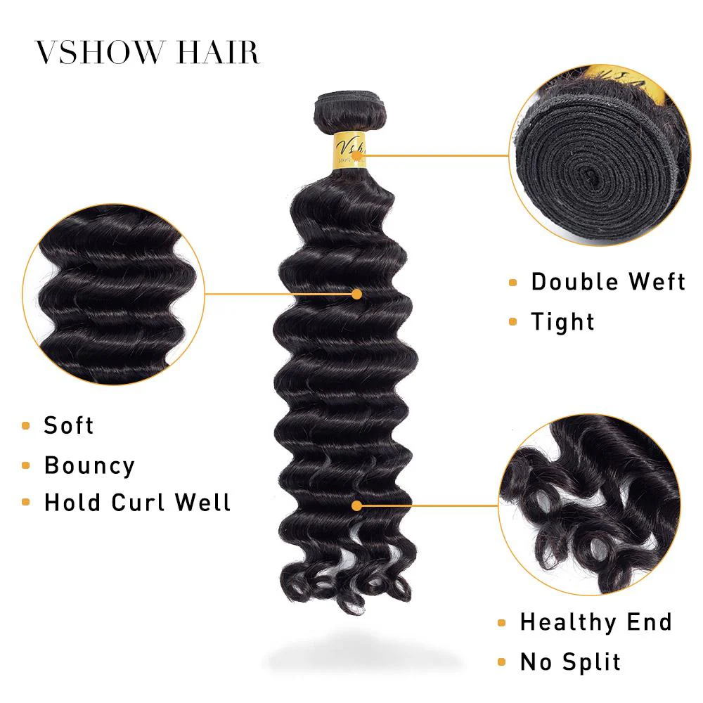 VSHOW HAIR Premium 9A Brazilian Human Virgin Hair Loose Deep Wave Natural Black 3 Bundles Deal - Image 4