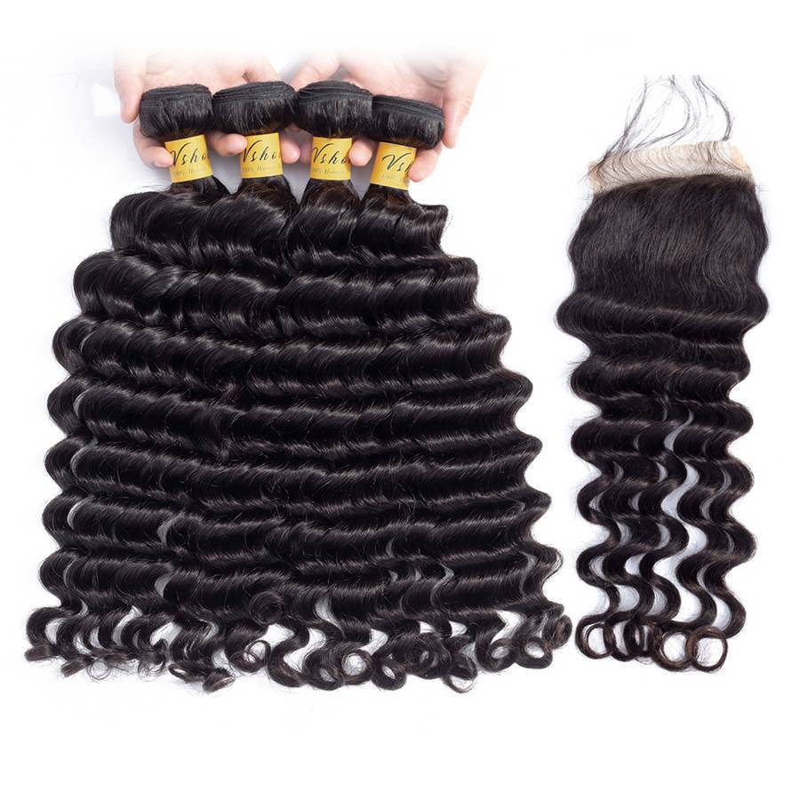 VSHOW HAIR Premium 9A Brazilian Human Virgin Hair Loose Deep Wave 4 Bundles with Pre Plucked Closure Deal Natural Black