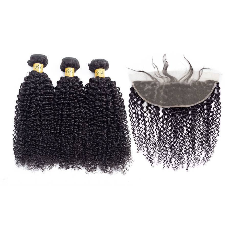 VSHOW HAIR Premium 9A Brazilian Human Virgin Hair Kinky Curly 3 Bundles with Pre Plucked 13x4 Frontal Natural Black - Image 5