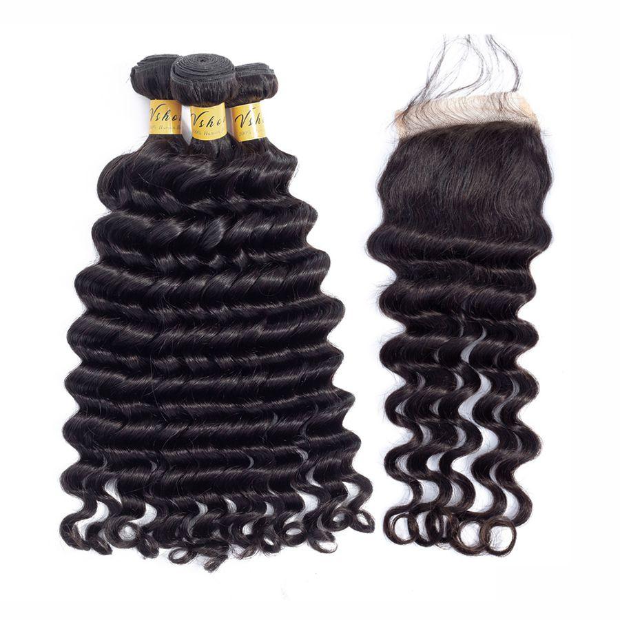 VSHOW HAIR Premium 9A Brazilian Human Virgin Hair Loose Deep Wave 3 Bundles with Pre Plucked Closure Deal Natural Black - Image 2
