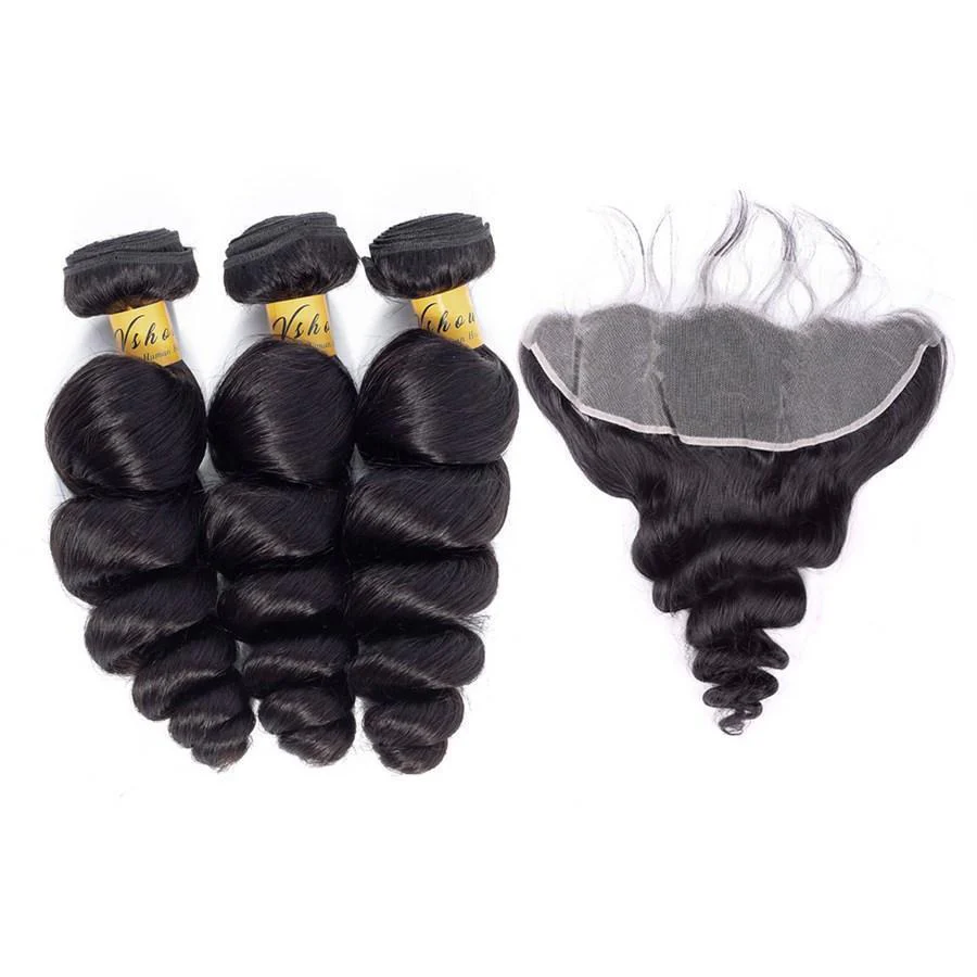 VSHOW HAIR Premium 9A Brazilian Human Virgin Hair Loose Wave 3 Bundles with Pre Plucked 13x4 Frontal Natural Black - Image 4