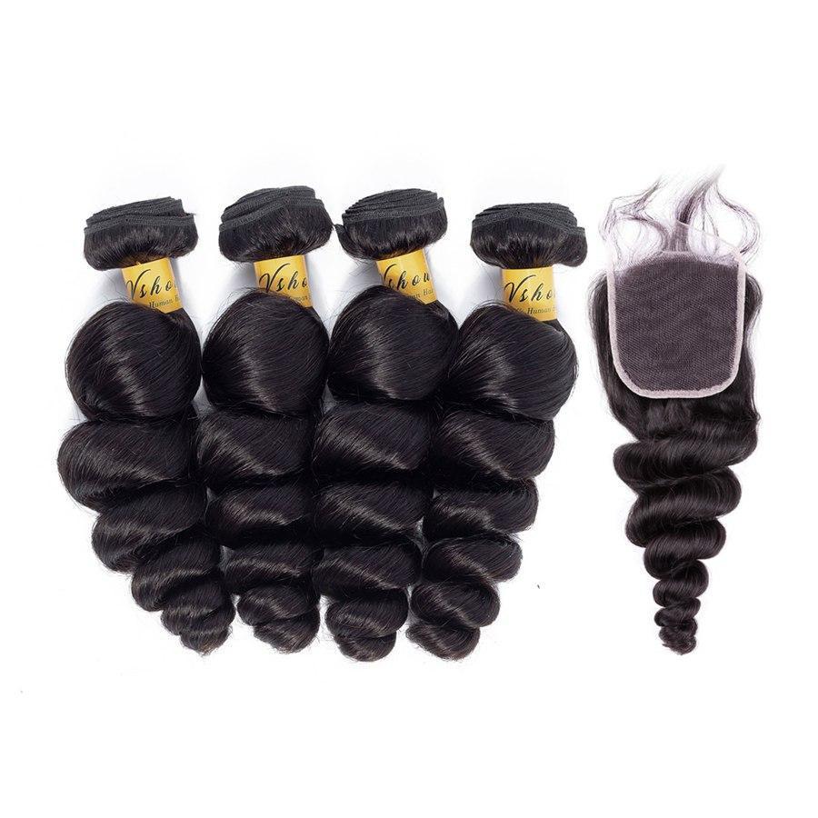 VSHOW HAIR Premium 9A Brazilian Human Virgin Hair Loose Wave 4 Bundles with Pre Plucked Closure Deal Natural Black - Image 2
