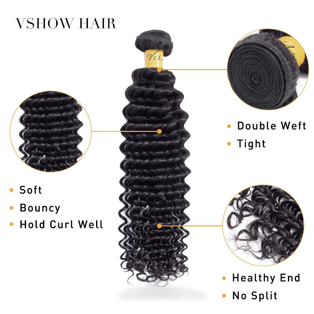 VSHOW HAIR Premium 9A Brazilian Human Virgin Hair Deep Wave Natural Black 4 Bundles Deal - Image 4