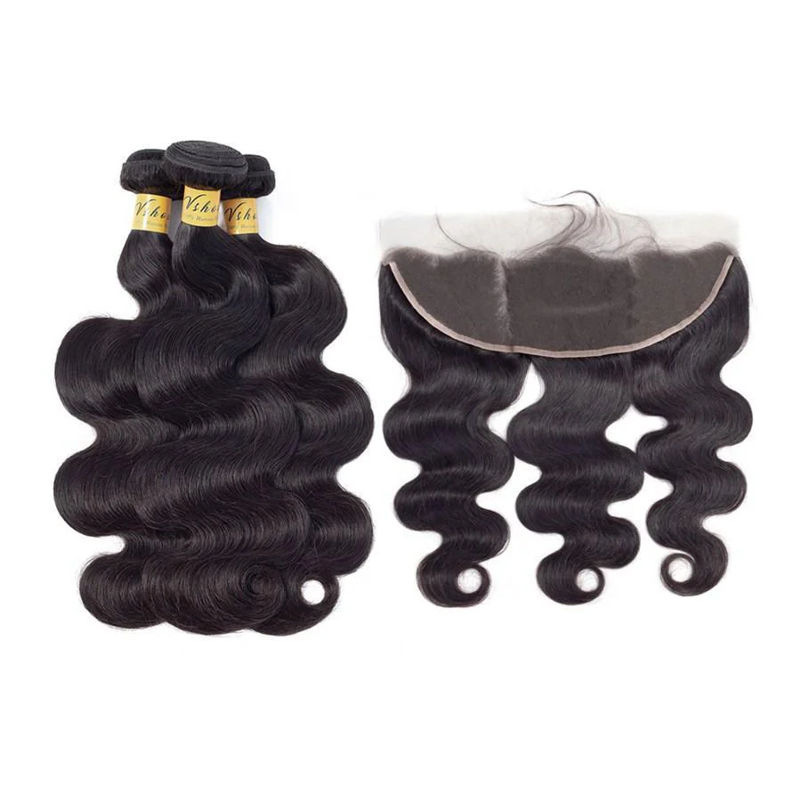 VSHOW HAIR Premium 9A Mongolian Human Virgin Hair Body Wave 3 Bundles with Pre Plucked 13x4 Frontal Natural Black - Image 5