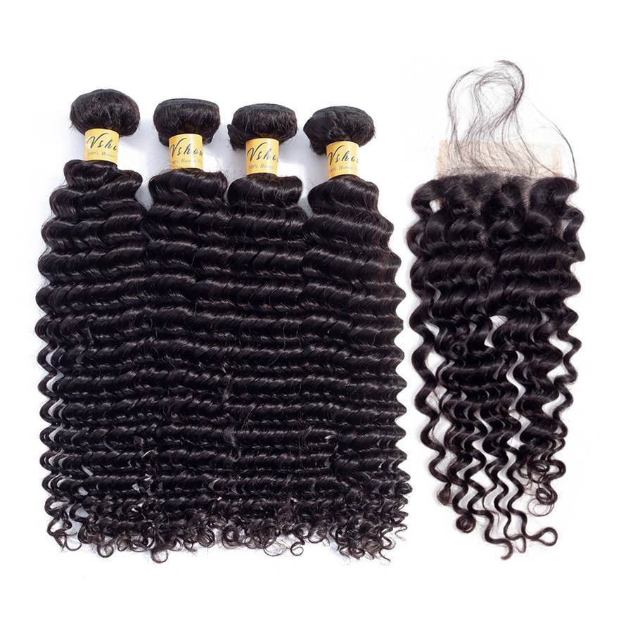VSHOW HAIR Premium 9A Indian Human Virgin Hair Deep Wave 4 Bundles with Pre Plucked Closure Deal Natural Black