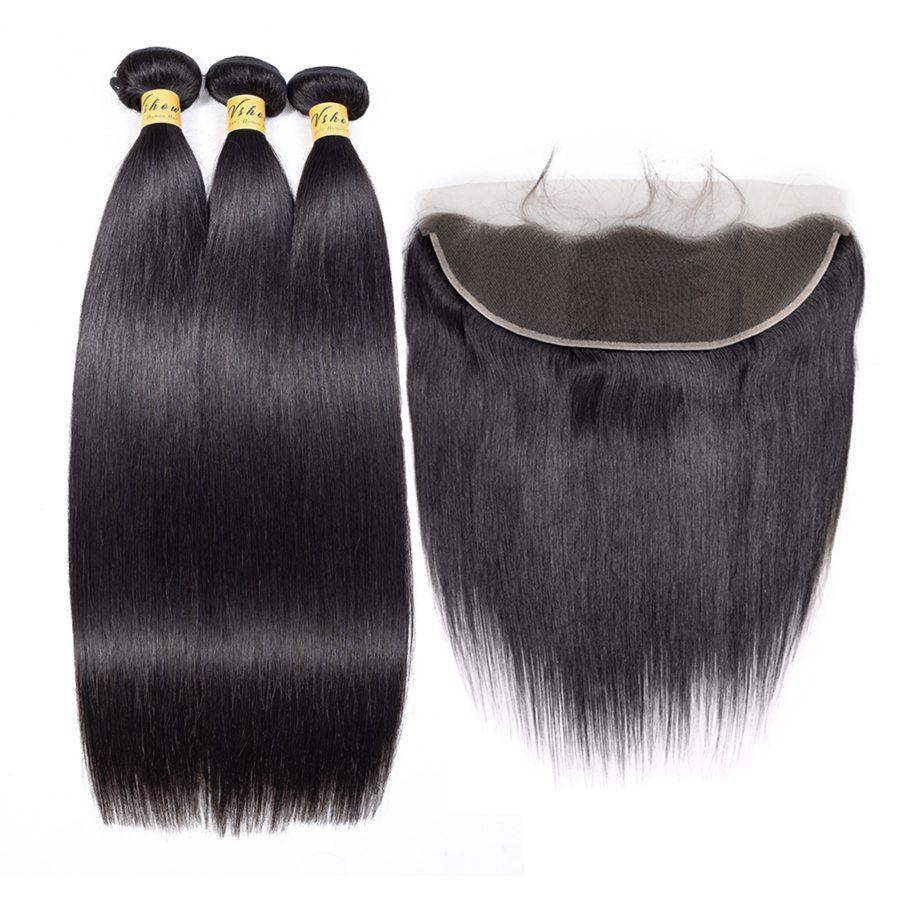 VSHOW HAIR Premium 9A Malaysian Human Virgin Hair Straight 3 Bundles with Pre Plucked 13x4 Frontal Natural Black - Image 6