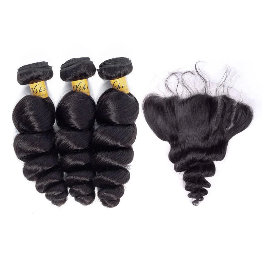 VSHOW HAIR Premium 9A Indian Human Virgin Hair Loose Wave 3 Bundles with Pre Plucked 13x4 Frontal Natural Black - Image 2