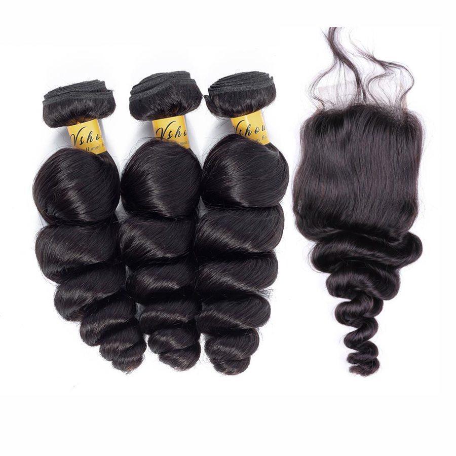 VSHOW HAIR Premium 9A Indian Human Virgin Hair Loose Wave 3 Bundles with Pre Plucked Closure Deal Natural Black