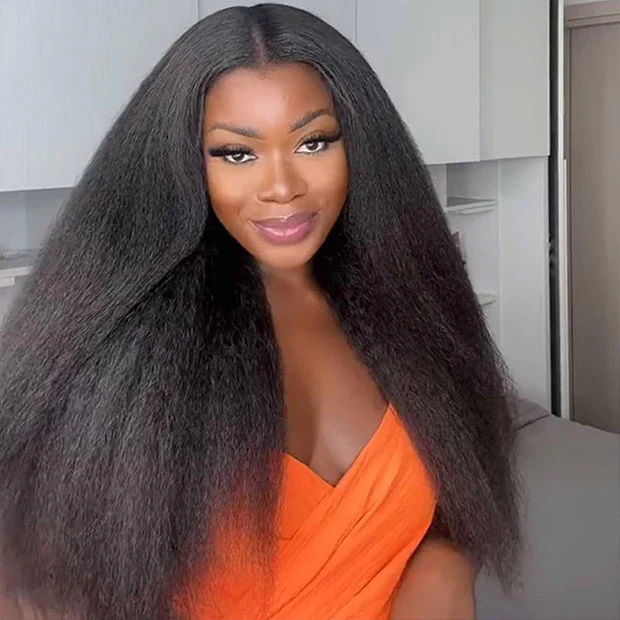 Kinky Straight Pre-Cut 9x6 T Part Lace Wear Go Wig Pre Bleached Knots With Natural Hairline - Image 3
