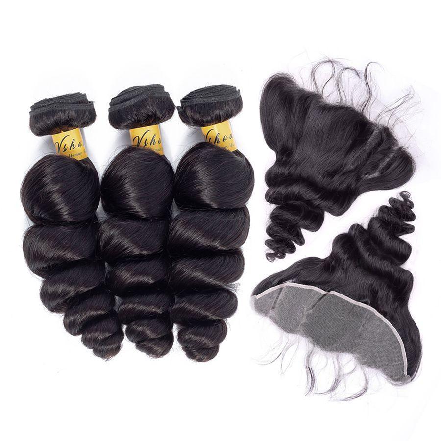 VSHOW HAIR Premium 9A Malaysian Human Virgin Hair Loose Wave 3 Bundles with Pre Plucked 13x4 Frontal Natural Black