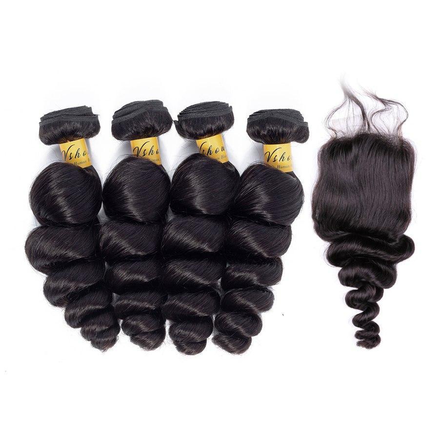 VSHOW HAIR Premium 9A Malaysian Human Virgin Hair Loose Wave 4 Bundles with Pre Plucked Closure Deal Natural Black