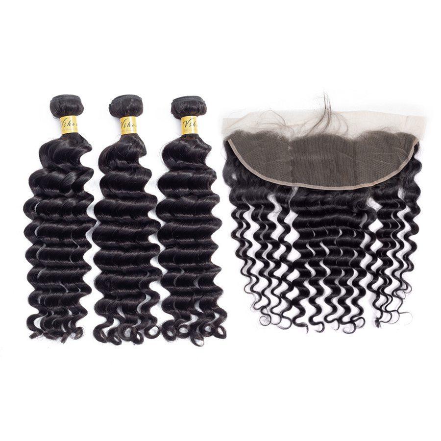 VSHOW HAIR Premium 9A Malaysian Human Virgin Hair Loose Deep Wave 3 Bundles with Pre Plucked 13x4 Frontal Natural Black - Image 3