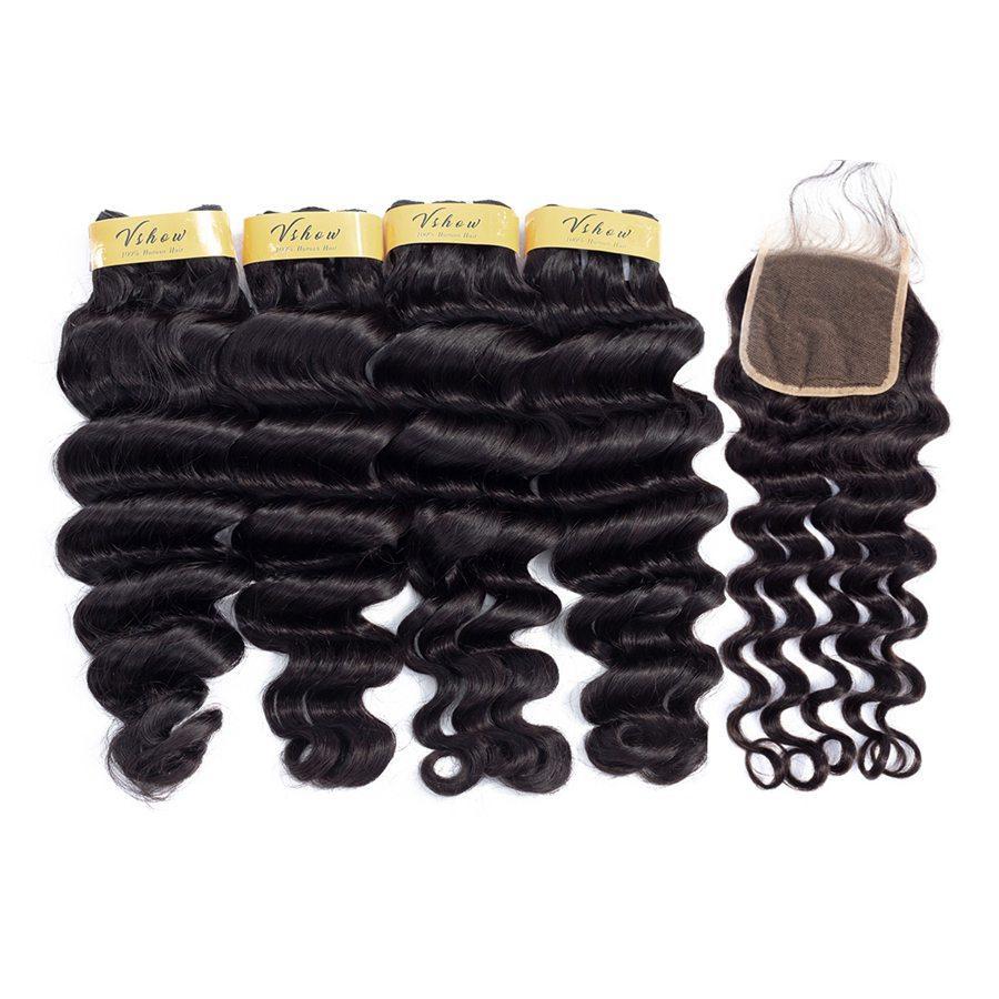 VSHOW HAIR Premium 9A Malaysian Human Virgin Hair Loose Deep Wave 4 Bundles with Pre Plucked Closure Deal Natural Black - Image 2