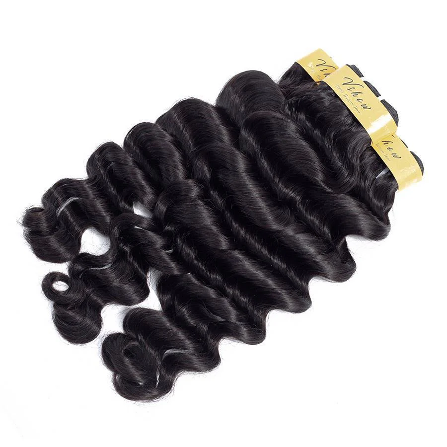 VSHOW HAIR Premium 9A Mongolian Human Virgin Hair Loose Deep Wave 3 Bundles with Pre Plucked Closure Deal Natural Black - Image 4