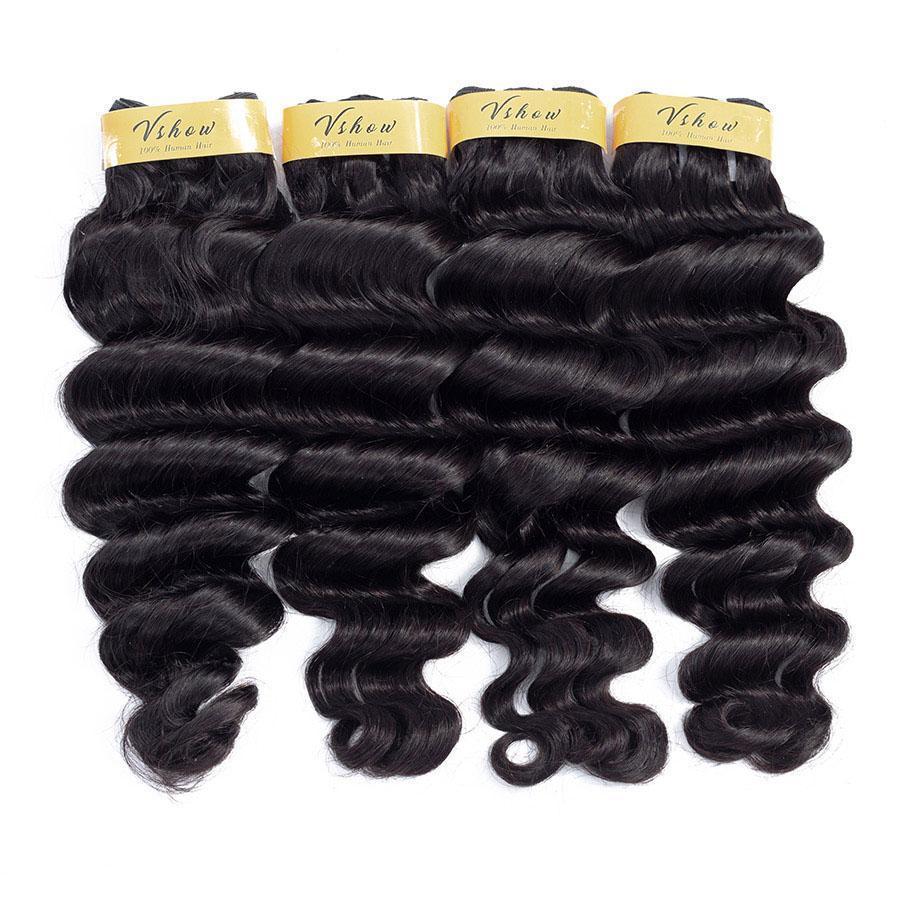 VSHOW HAIR Premium 9A Mongolian Human Virgin Hair Loose Deep Wave 4 Bundles with Pre Plucked Closure Deal Natural Black - Image 4