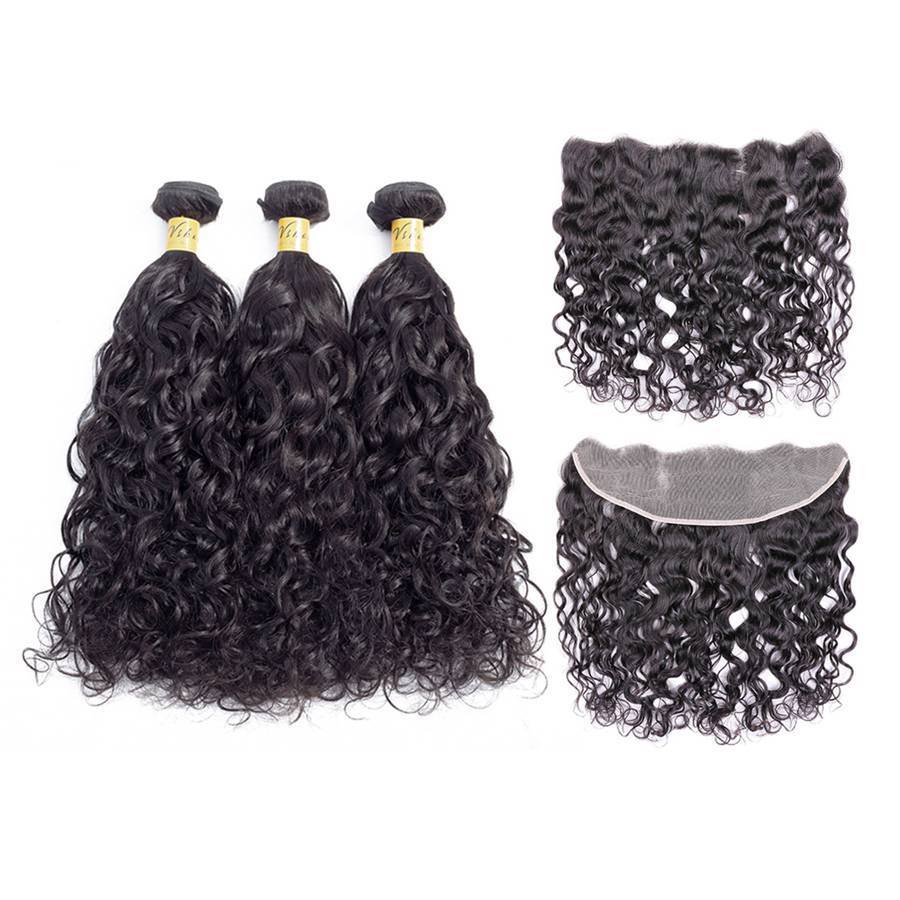 VSHOW HAIR Premium 9A Peruvian Human Virgin Hair Natural Wave 3 Bundles with Pre Plucked 13x4 Frontal Natural Black