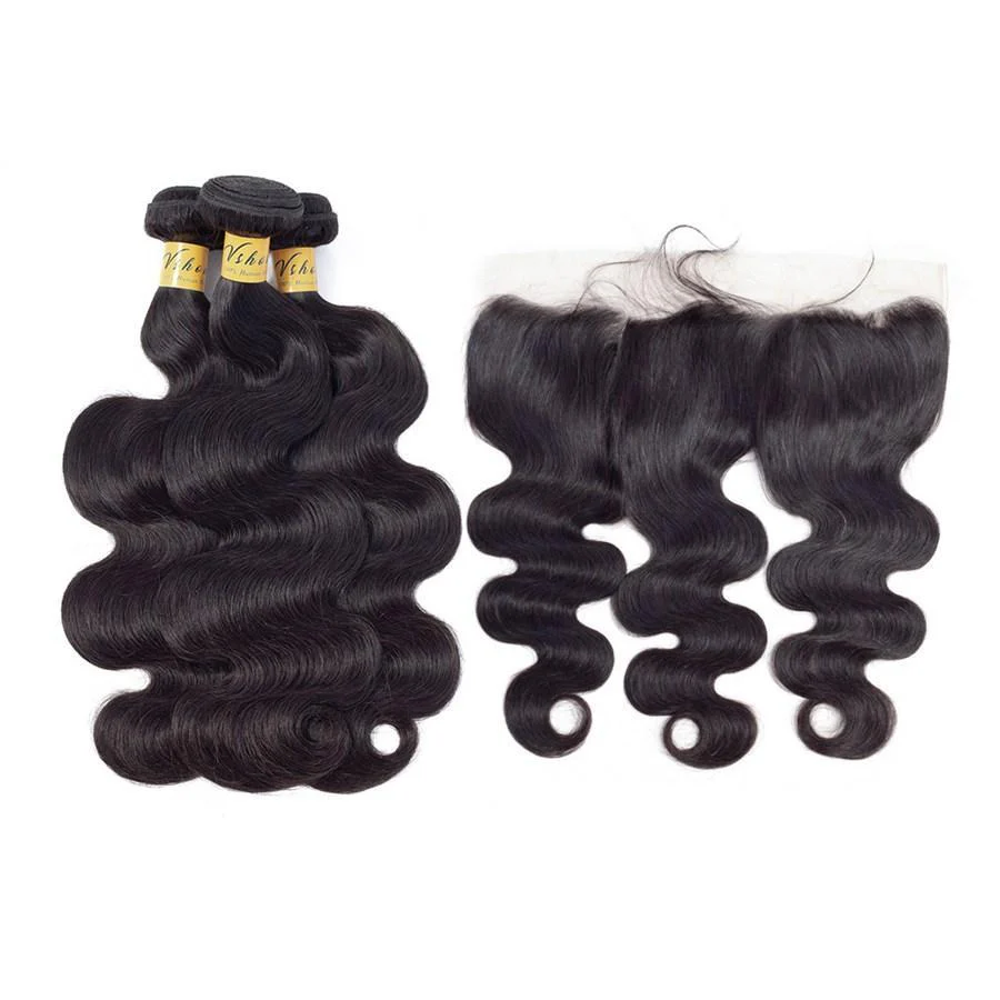 VSHOW HAIR Premium 9A Peruvian Human Virgin Hair Body Wave 3 Bundles with Pre Plucked 13x4 Frontal Natural Black - Image 5