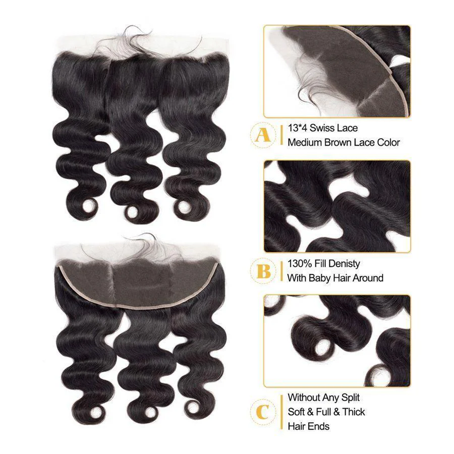 VSHOW HAIR Premium 9A Peruvian Human Virgin Hair Body Wave 3 Bundles with Pre Plucked 13x4 Frontal Natural Black - Image 8