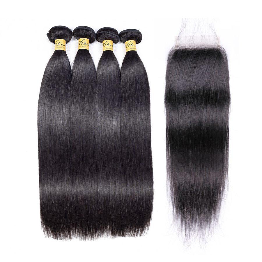 VSHOW HAIR Premium 9A Peruvian Human Virgin Hair Straight 4 Bundles with Pre Plucked Closure Deal Natural Black