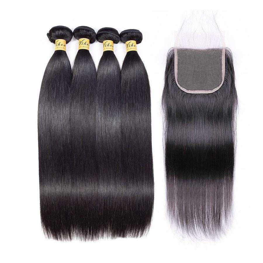 VSHOW HAIR Premium 9A Peruvian Human Virgin Hair Straight 4 Bundles with Pre Plucked Closure Deal Natural Black - Image 2