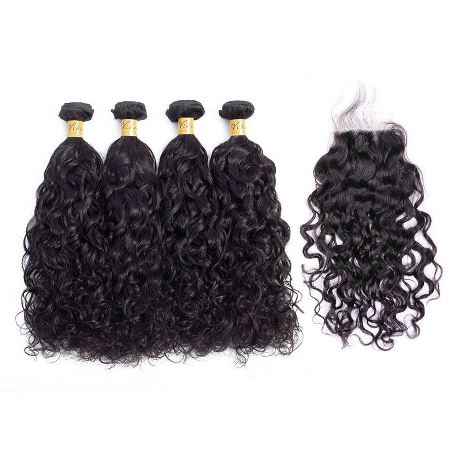VSHOW HAIR Premium 9A Malaysian Human Virgin Hair Natural Wave 4 Bundles with Pre Plucked Closure Deal Natural Black