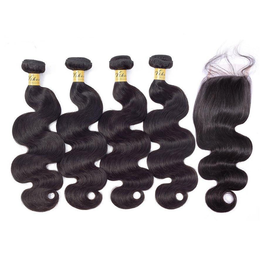 VSHOW HAIR Premium 9A Mongolian Human Virgin Hair Body Wave 4 Bundles with Pre Plucked Closure Deal Natural Black