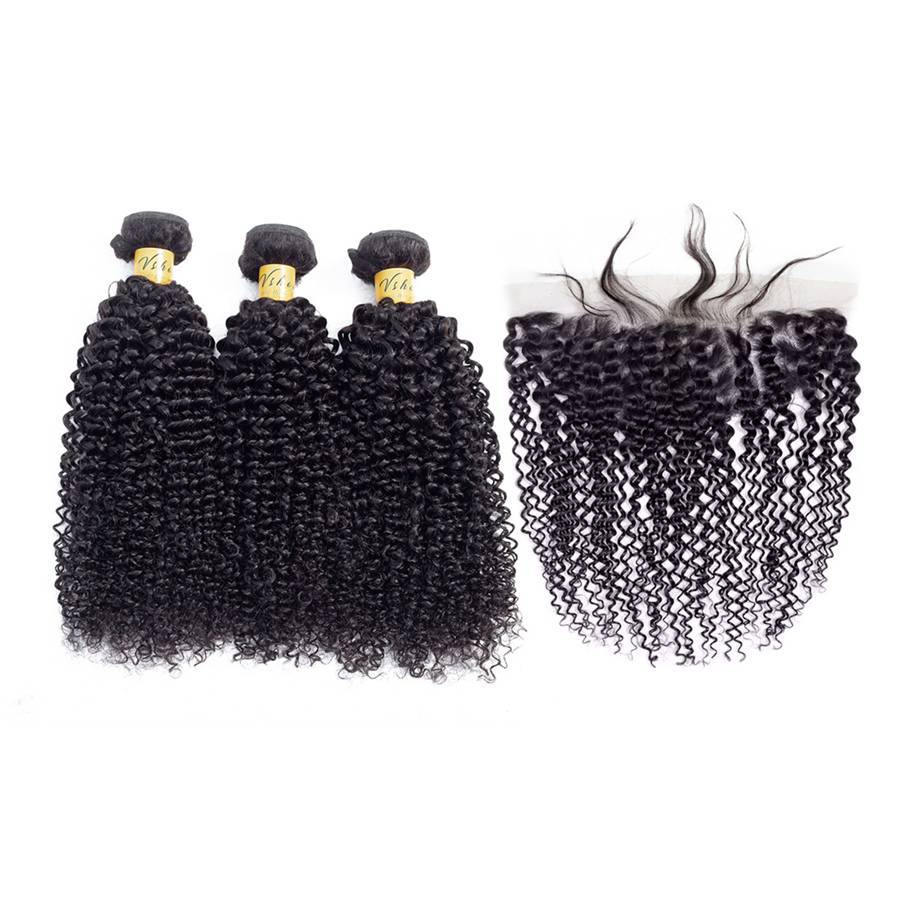VSHOW HAIR Premium 9A Mongolian Human Virgin Hair Kinky Curly 3 Bundles with Pre Plucked 13x4 Frontal Natural Black - Image 5