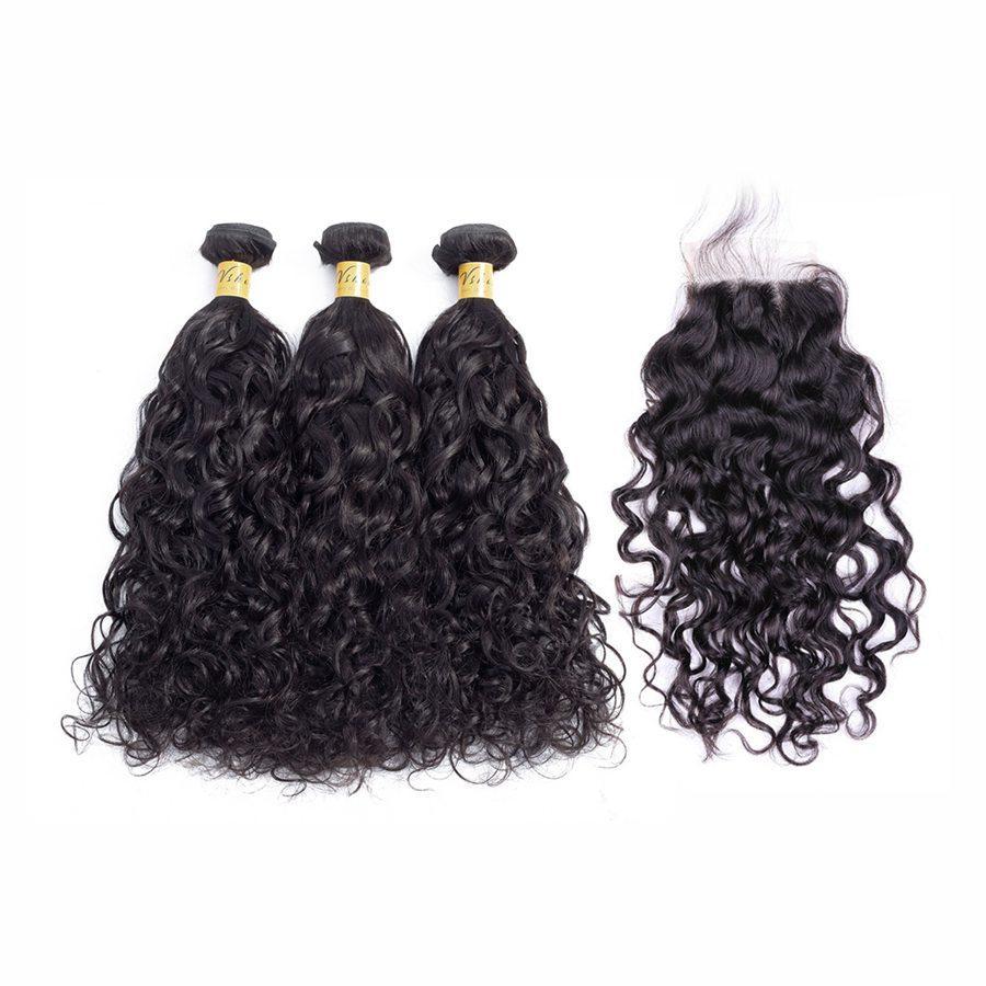 VSHOW HAIR Premium 9A Mongolian Human Virgin Hair Natural Wave 3 Bundles with Pre Plucked Closure Deal Natural Black