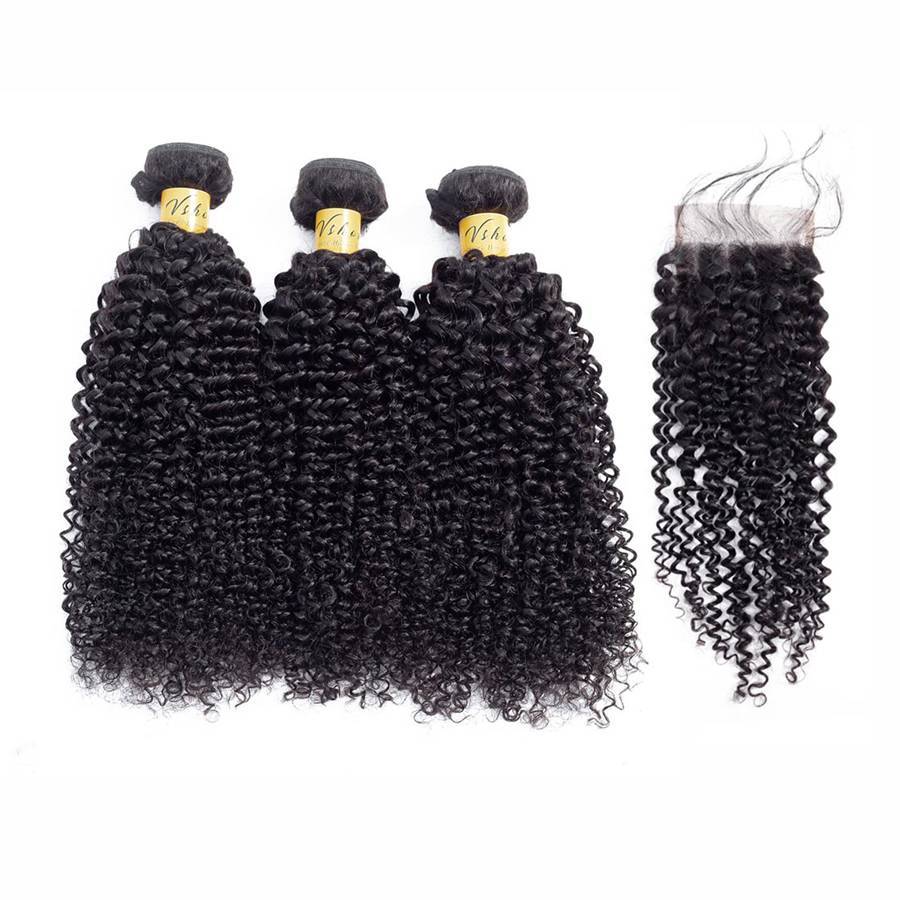 VSHOW HAIR Premium 9A Peruvian Human Virgin Hair Kinky Curly 3 Bundles with Pre Plucked Closure Deal Natural Black